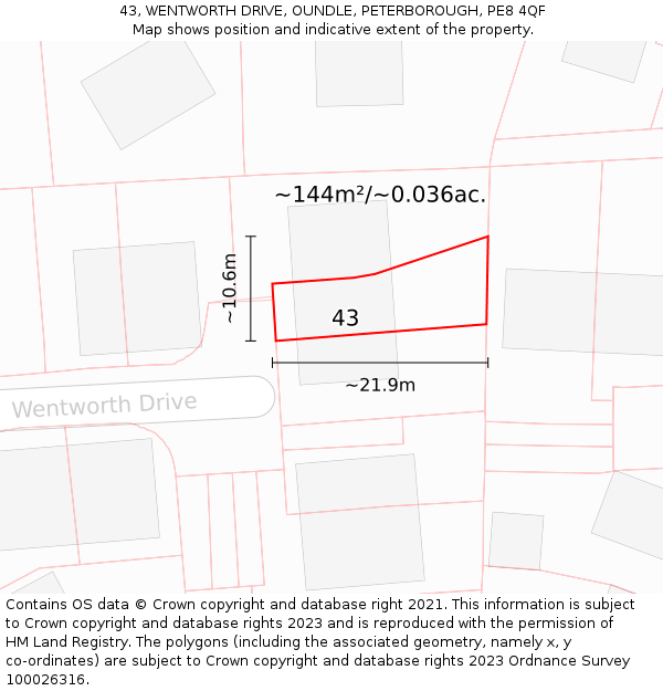 43, WENTWORTH DRIVE, OUNDLE, PETERBOROUGH, PE8 4QF: Plot and title map