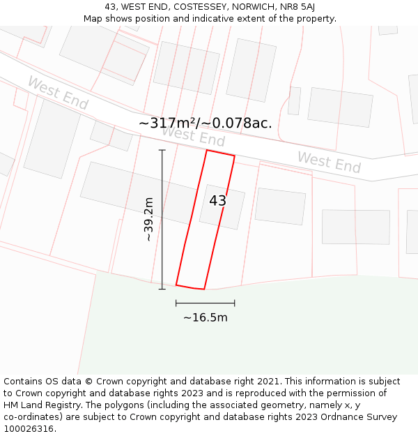 43, WEST END, COSTESSEY, NORWICH, NR8 5AJ: Plot and title map