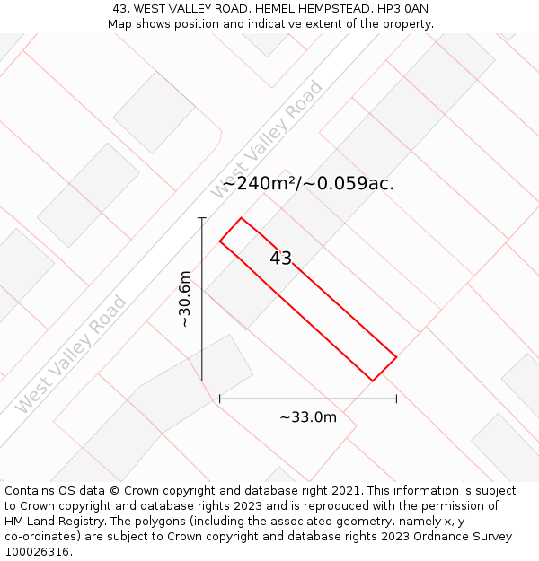 43, WEST VALLEY ROAD, HEMEL HEMPSTEAD, HP3 0AN: Plot and title map