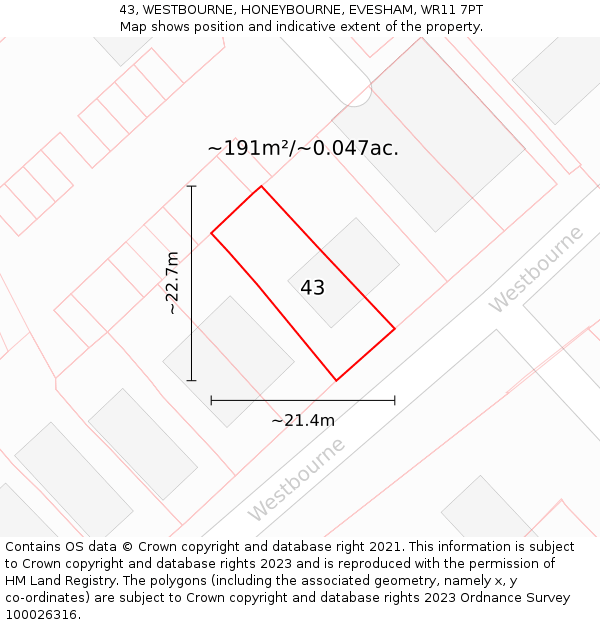 43, WESTBOURNE, HONEYBOURNE, EVESHAM, WR11 7PT: Plot and title map