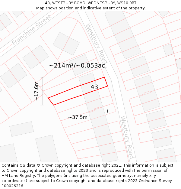 43, WESTBURY ROAD, WEDNESBURY, WS10 9RT: Plot and title map