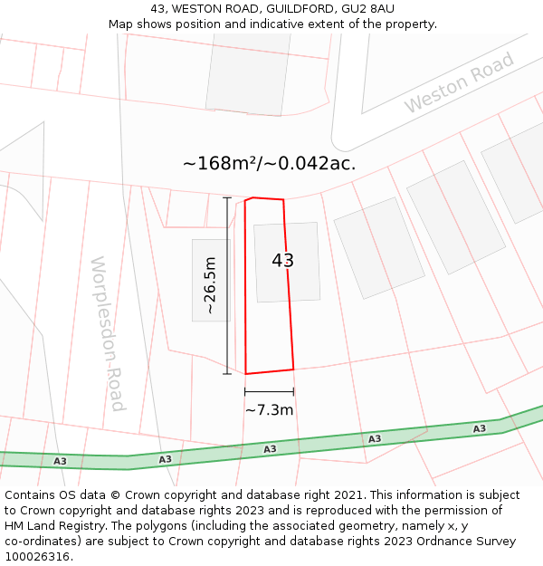 43, WESTON ROAD, GUILDFORD, GU2 8AU: Plot and title map