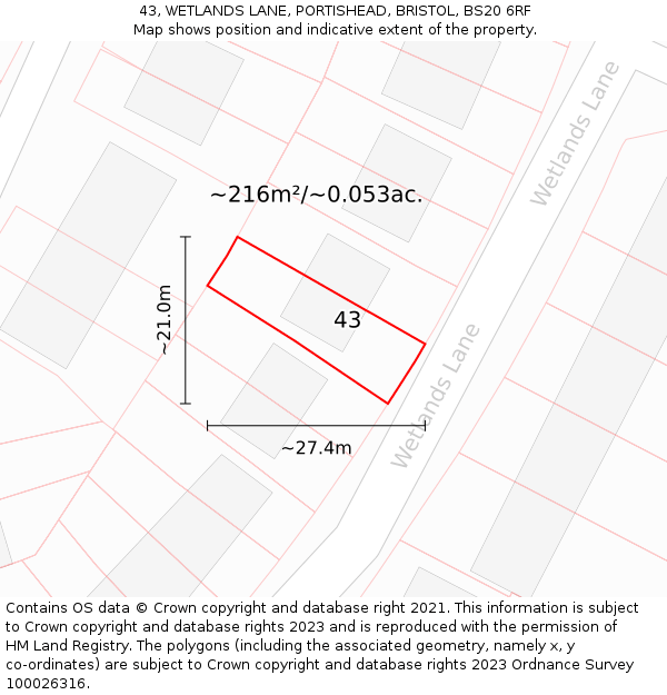 43, WETLANDS LANE, PORTISHEAD, BRISTOL, BS20 6RF: Plot and title map