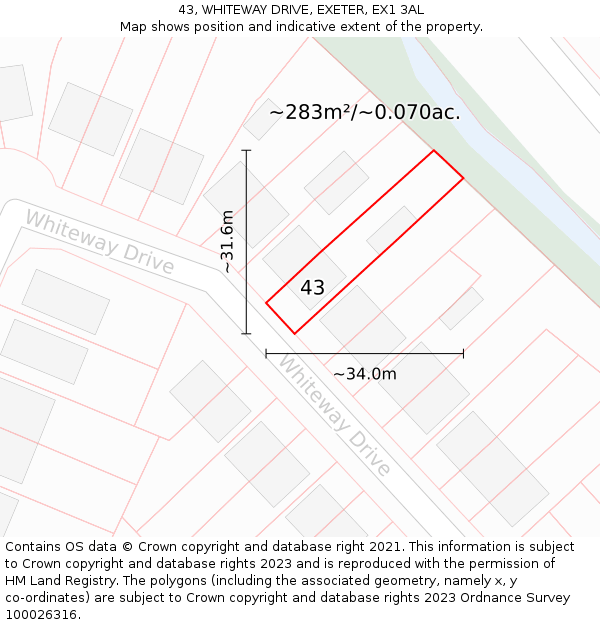 43, WHITEWAY DRIVE, EXETER, EX1 3AL: Plot and title map