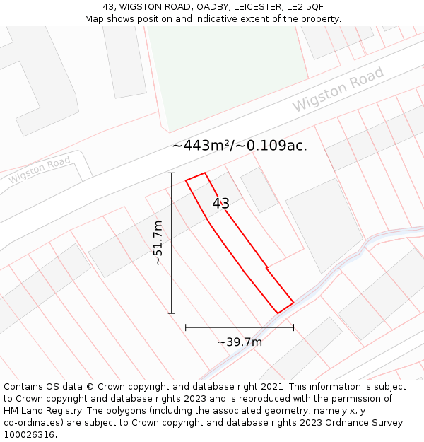 43, WIGSTON ROAD, OADBY, LEICESTER, LE2 5QF: Plot and title map