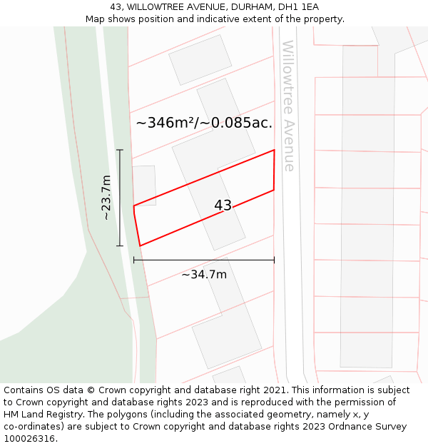 43, WILLOWTREE AVENUE, DURHAM, DH1 1EA: Plot and title map