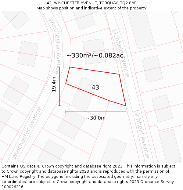 43, WINCHESTER AVENUE, TORQUAY, TQ2 8AR: Plot and title map