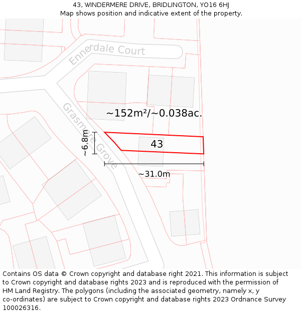 43, WINDERMERE DRIVE, BRIDLINGTON, YO16 6HJ: Plot and title map