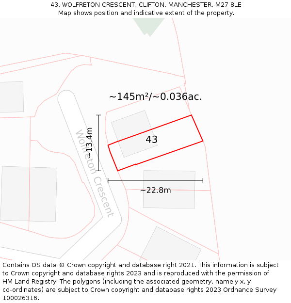 43, WOLFRETON CRESCENT, CLIFTON, MANCHESTER, M27 8LE: Plot and title map