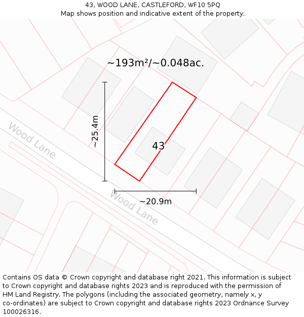 43, WOOD LANE, CASTLEFORD, WF10 5PQ: Plot and title map