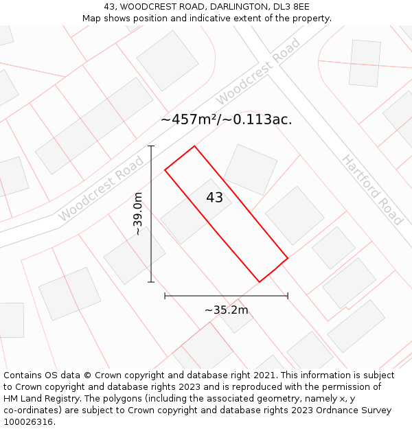 43, WOODCREST ROAD, DARLINGTON, DL3 8EE: Plot and title map