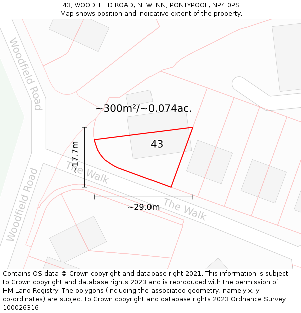 43, WOODFIELD ROAD, NEW INN, PONTYPOOL, NP4 0PS: Plot and title map