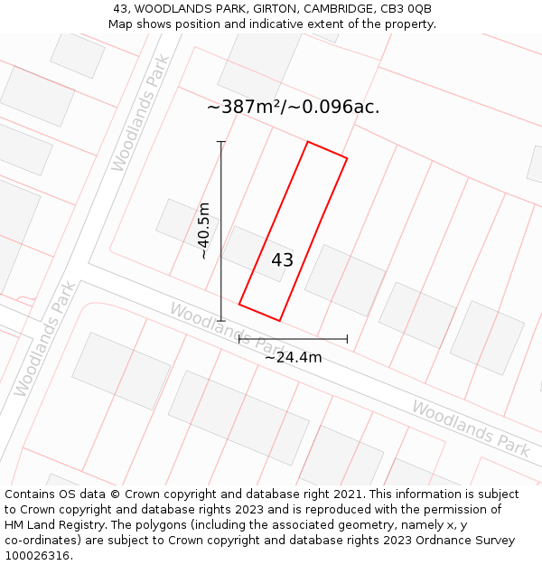 43, WOODLANDS PARK, GIRTON, CAMBRIDGE, CB3 0QB: Plot and title map