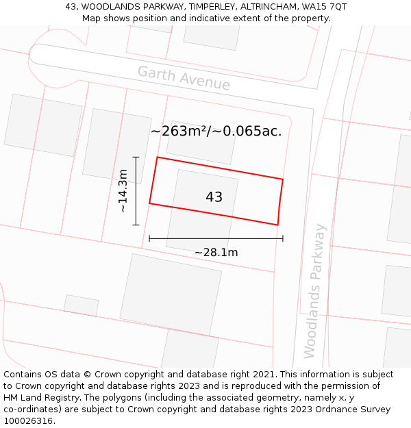 43, WOODLANDS PARKWAY, TIMPERLEY, ALTRINCHAM, WA15 7QT: Plot and title map