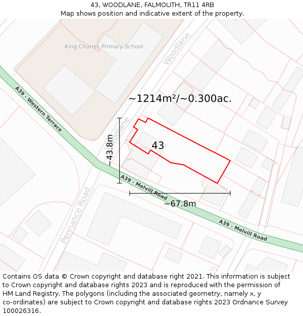 43, WOODLANE, FALMOUTH, TR11 4RB: Plot and title map