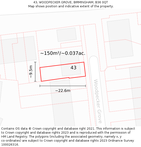 43, WOODPECKER GROVE, BIRMINGHAM, B36 0QT: Plot and title map