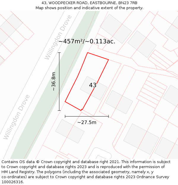 43, WOODPECKER ROAD, EASTBOURNE, BN23 7RB: Plot and title map