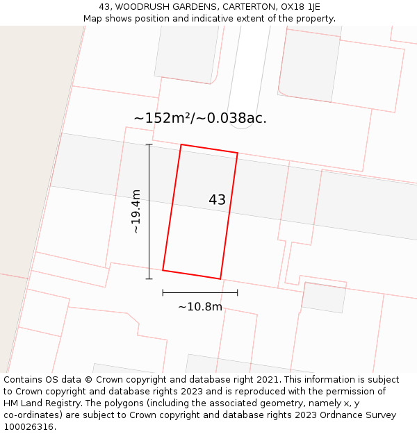 43, WOODRUSH GARDENS, CARTERTON, OX18 1JE: Plot and title map