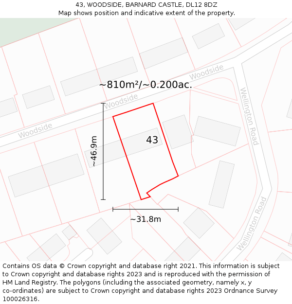 43, WOODSIDE, BARNARD CASTLE, DL12 8DZ: Plot and title map