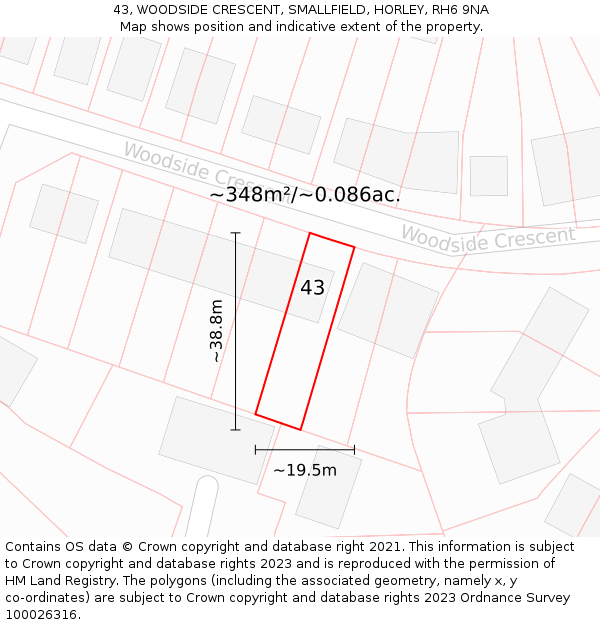 43, WOODSIDE CRESCENT, SMALLFIELD, HORLEY, RH6 9NA: Plot and title map