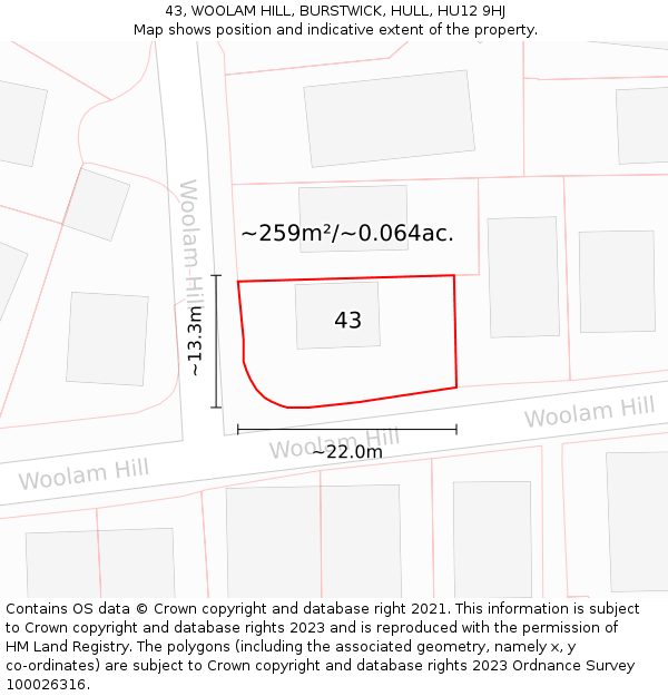 43, WOOLAM HILL, BURSTWICK, HULL, HU12 9HJ: Plot and title map