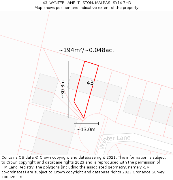 43, WYNTER LANE, TILSTON, MALPAS, SY14 7HD: Plot and title map