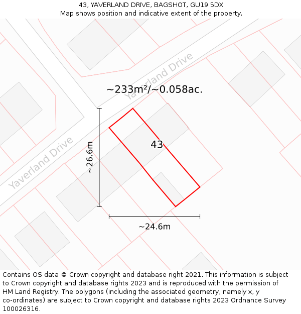 43, YAVERLAND DRIVE, BAGSHOT, GU19 5DX: Plot and title map