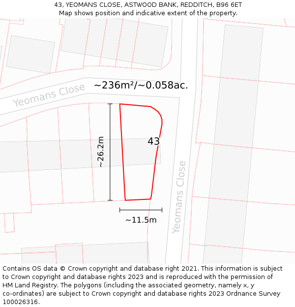 43, YEOMANS CLOSE, ASTWOOD BANK, REDDITCH, B96 6ET: Plot and title map