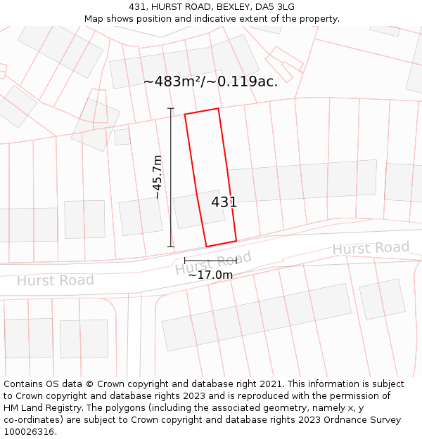 431, HURST ROAD, BEXLEY, DA5 3LG: Plot and title map