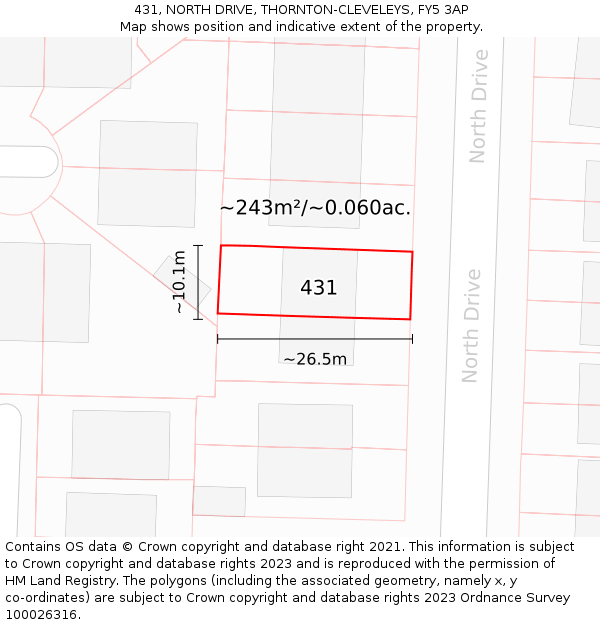 431, NORTH DRIVE, THORNTON-CLEVELEYS, FY5 3AP: Plot and title map