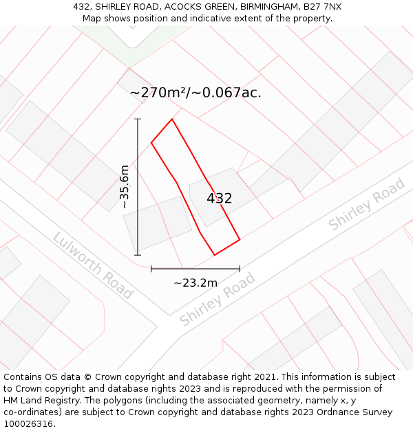 432, SHIRLEY ROAD, ACOCKS GREEN, BIRMINGHAM, B27 7NX: Plot and title map