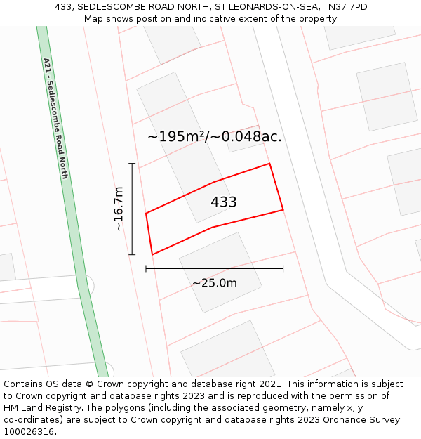 433, SEDLESCOMBE ROAD NORTH, ST LEONARDS-ON-SEA, TN37 7PD: Plot and title map