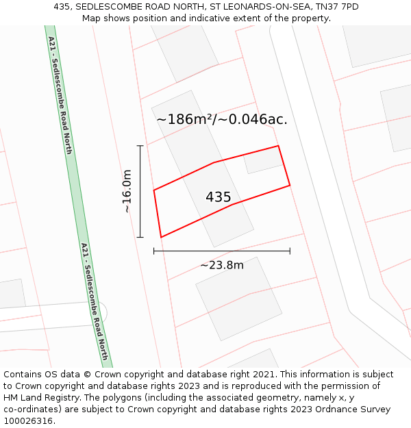 435, SEDLESCOMBE ROAD NORTH, ST LEONARDS-ON-SEA, TN37 7PD: Plot and title map