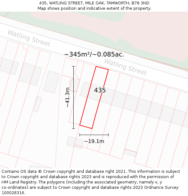 435, WATLING STREET, MILE OAK, TAMWORTH, B78 3ND: Plot and title map