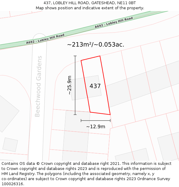 437, LOBLEY HILL ROAD, GATESHEAD, NE11 0BT: Plot and title map