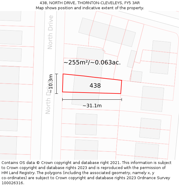 438, NORTH DRIVE, THORNTON-CLEVELEYS, FY5 3AR: Plot and title map