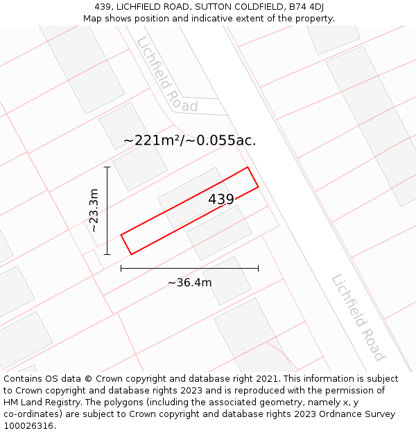 439, LICHFIELD ROAD, SUTTON COLDFIELD, B74 4DJ: Plot and title map