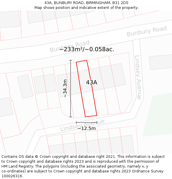 43A, BUNBURY ROAD, BIRMINGHAM, B31 2DS: Plot and title map