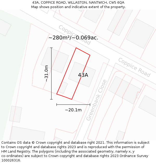 43A, COPPICE ROAD, WILLASTON, NANTWICH, CW5 6QA: Plot and title map