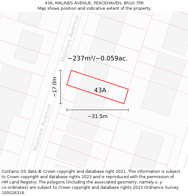 43A, MALINES AVENUE, PEACEHAVEN, BN10 7PR: Plot and title map