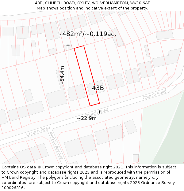 43B, CHURCH ROAD, OXLEY, WOLVERHAMPTON, WV10 6AF: Plot and title map