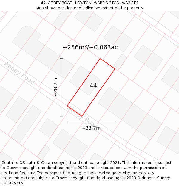 44, ABBEY ROAD, LOWTON, WARRINGTON, WA3 1EP: Plot and title map