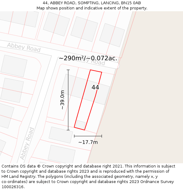 44, ABBEY ROAD, SOMPTING, LANCING, BN15 0AB: Plot and title map