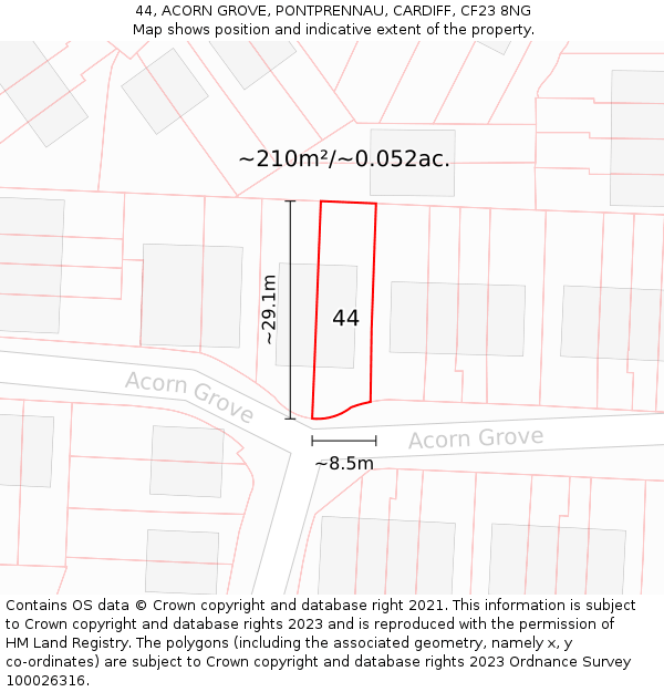 44, ACORN GROVE, PONTPRENNAU, CARDIFF, CF23 8NG: Plot and title map