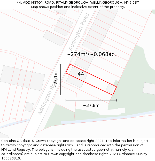 44, ADDINGTON ROAD, IRTHLINGBOROUGH, WELLINGBOROUGH, NN9 5ST: Plot and title map