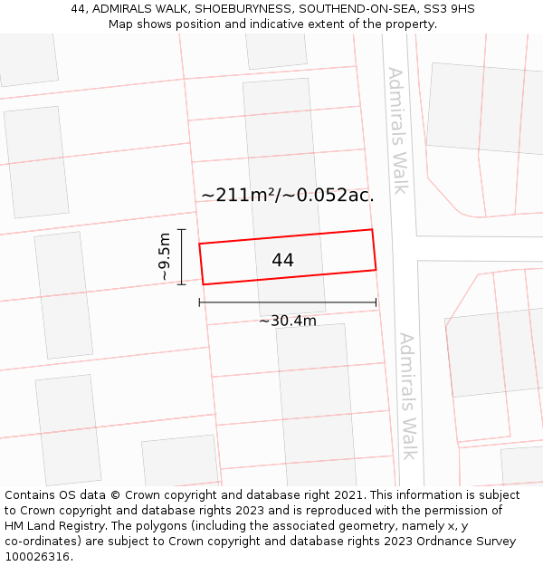 44, ADMIRALS WALK, SHOEBURYNESS, SOUTHEND-ON-SEA, SS3 9HS: Plot and title map