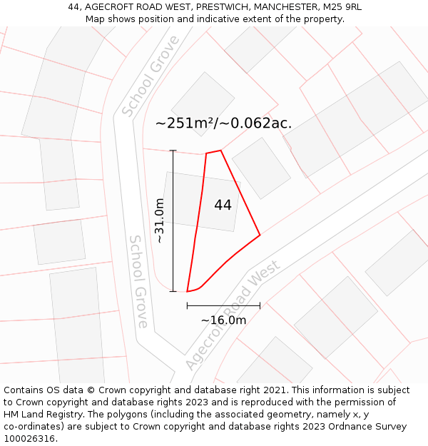 44, AGECROFT ROAD WEST, PRESTWICH, MANCHESTER, M25 9RL: Plot and title map