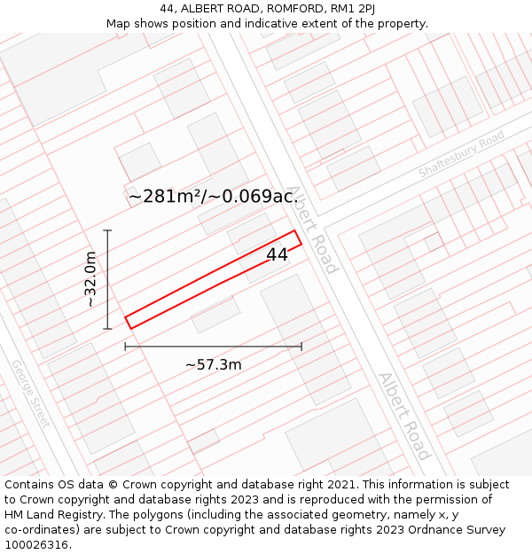 44, ALBERT ROAD, ROMFORD, RM1 2PJ: Plot and title map