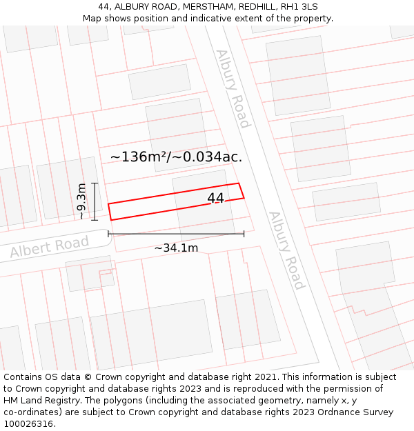 44, ALBURY ROAD, MERSTHAM, REDHILL, RH1 3LS: Plot and title map