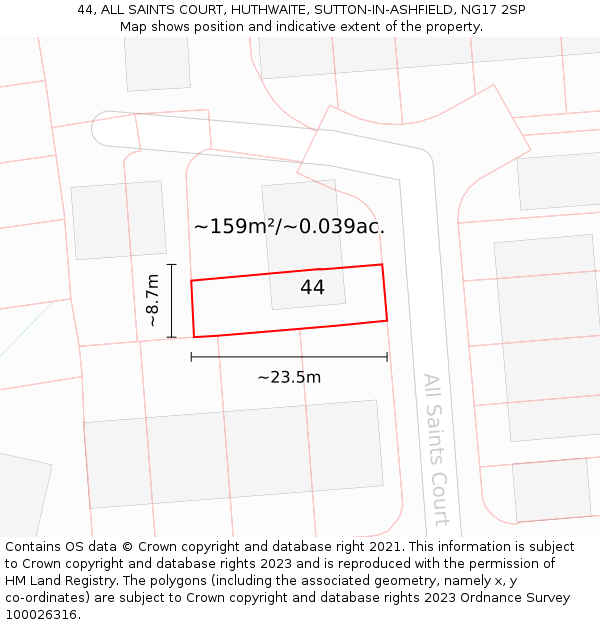 44, ALL SAINTS COURT, HUTHWAITE, SUTTON-IN-ASHFIELD, NG17 2SP: Plot and title map